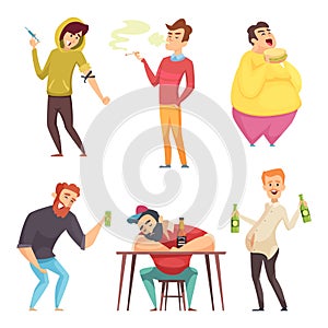 Addicted lifestyle. Alcoholism drugs and addiction from unhealthy habits vector cartoon characters in action poses