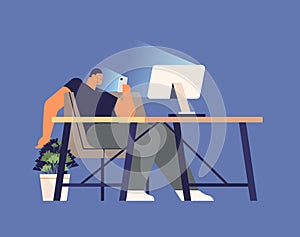 addicted man using digital gadget guy active in social networks at workplace digital addiction concept