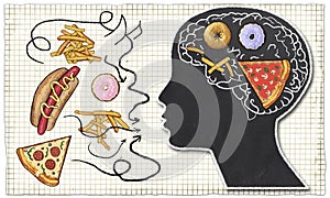 Addiction illustrated with Fast Food and Brain photo