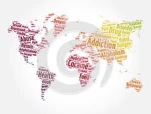 Addiction word cloud in shape of world map, health concept background