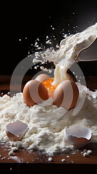 Adding an egg to flour, a pivotal moment in dough preparation
