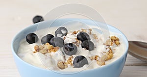 Adding granola and blueberries to a bowl of yogurt.
