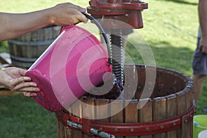 Adding grapes to a an old wooden manual wine press.