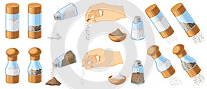 Adding salt and pepper. Pinch in hand, kitchen mill and transparent shaker. Bowl for cooking ingredients cartoon vector