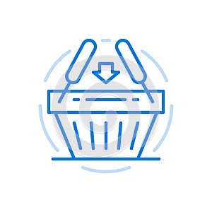 Adding shopping to cart vector line icon. Purchase and download of goods from market and supermarket.