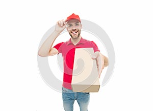 Adding speed to your delivery. Delivery man isolated on white. Happy courier guy hold parcel box. Shipping and courier