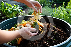 Adding Vegetable Scraps to Compost Bin in Garden