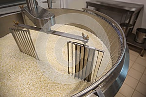 Adding water to curd and whey in tank at cheese factory