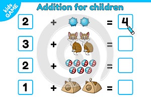 Addition for children math game with cartoon cat
