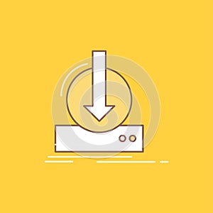 Addition, content, dlc, download, game Flat Line Filled Icon. Beautiful Logo button over yellow background for UI and UX, website