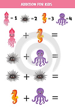 Addition game with different sea animals. Educational math game for preschool kids