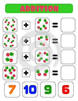 Addition of radishes. A task for children. Educational development sheet. Color activity page. A game for children.