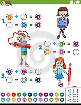 addition and subtraction task with cartoon school children photo