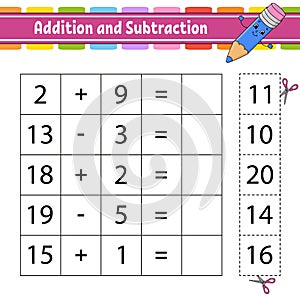 Addition and subtraction. Task for kids. Cut and paste. Education developing worksheet. Activity page. Game for children. Funny