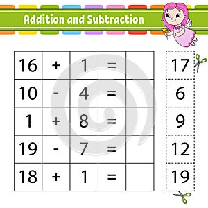 Addition and subtraction. Task for kids. Cut and paste. Education developing worksheet. Activity page. Game for children. Funny
