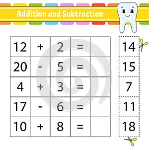 Addition and subtraction. Task for kids. Cut and paste. Education developing worksheet. Activity page. Game for children. Funny