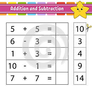 Addition and subtraction. Task for kids. Education developing worksheet. Activity page. Game for children. Funny character.