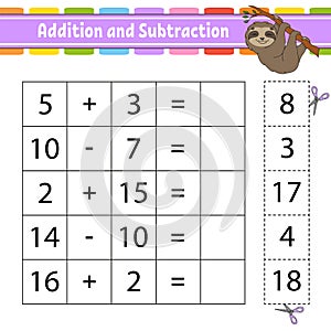 Addition and subtraction. Task for kids. Education developing worksheet. Activity page. Game for children. Funny character.