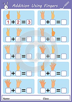 Addition using fingers, math worksheet