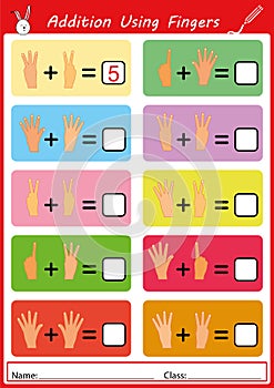 Addition using fingers, math worksheet for kids