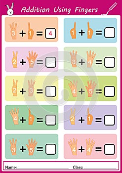 addition using fingers, math worksheet for kids