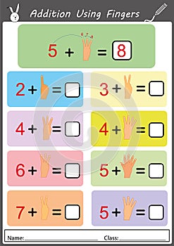 Addition using fingers, math worksheet