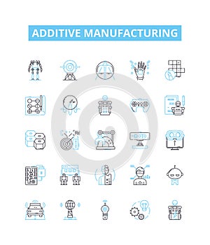 Additive manufacturing vector line icons set. 3D printing, Additive, Manufacturing, Rapid, Prototyping, Layer, STL