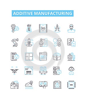 Additive manufacturing vector line icons set. 3D printing, Additive, Manufacturing, Rapid, Prototyping, Layer, STL
