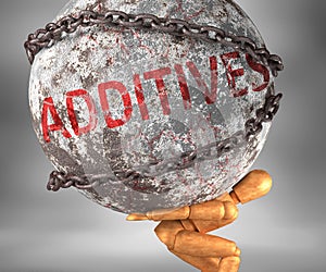 Additives and hardship in life - pictured by word Additives as a heavy weight on shoulders to symbolize Additives as a burden, 3d