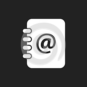 Address book icon. Email note flat vector illustration on black