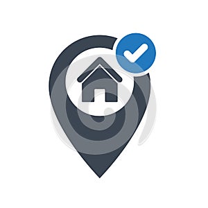 Address icon with check sign. Address icon and approved, confirm, done, tick, completed symbol