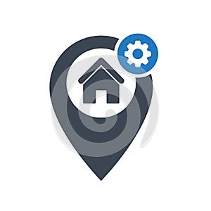 Address icon with settings sign. Address icon and customize, setup, manage, process symbol