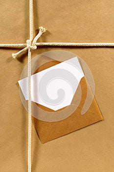 Address label, greeting card, manila envelope, brown paper background, white copy space
