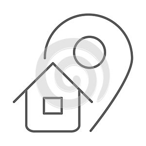 Address thin line icon, logistics symbol, Map pointer with house vector sign on white background, home address location