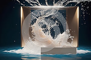 An adduction podium, a stage with splashes of water and bright lighting. Ai generation.