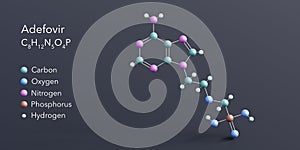 adefovir molecule 3d rendering, flat molecular structure with chemical formula and atoms color coding photo