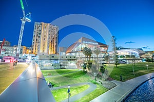 Adelaide, Australia - September 15, 2018: Adelaide Convention Centre and Elder Park at night