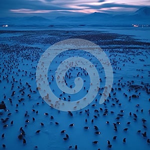 Adelie Penguin Colony Huddled on Snowy Beach at Blue Hour