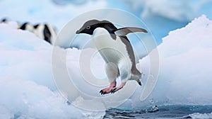 Adelie Penguin jumping between two ice floes. black heads and backs with white bellies AI Generative