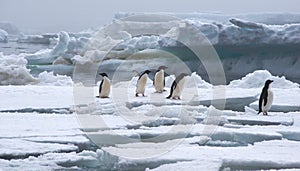 Adelie Penguins on Ice Floe in Antarctica