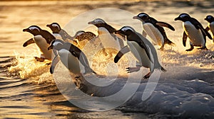 Adelie penguins jump into the ocean from an iceberg. Generative Ai