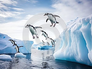 Adelie penguins jumping from iceberg