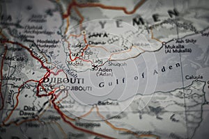 Aden city in Yemen on a geographical map