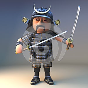 Adept Japanese samurai warrior wielding two katana blades, 3d illustration