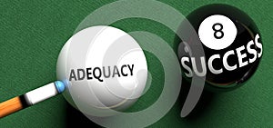 Adequacy brings success - pictured as word Adequacy on a pool ball, to symbolize that Adequacy can initiate success, 3d