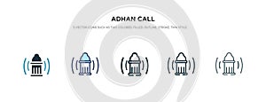 Adhan call icon in different style vector illustration. two colored and black adhan call vector icons designed in filled, outline