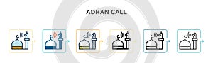 Adhan call vector icon in 6 different modern styles. Black, two colored adhan call icons designed in filled, outline, line and
