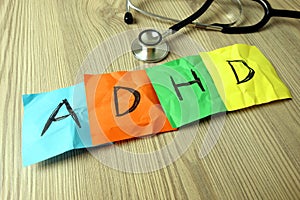 ADHD Attention Deficit Hyperactivity Disorder abbreviation handwritten on sticky notes