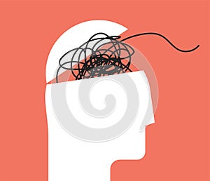 ADHD Attention disorder vector illustration of humans head silhouette with messy lines of thinks. Mental disorder icon. Vector