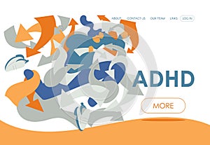 ADHD landing page template. Woman in rush disoriented in various arrows and tasks. Concept illustration good for mental health